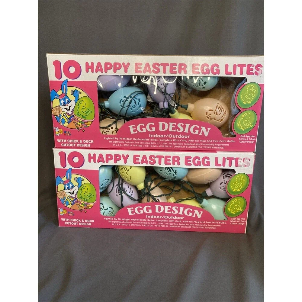 2 Vintage Plastic Happy Easter Egg String Lites 10 Holiday Lights Pastel READ